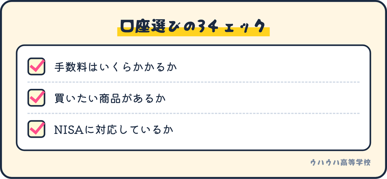 証券口座を選ぶときの3つの見方。手数料、買いたい商品があるか、NISAに対応しているか。