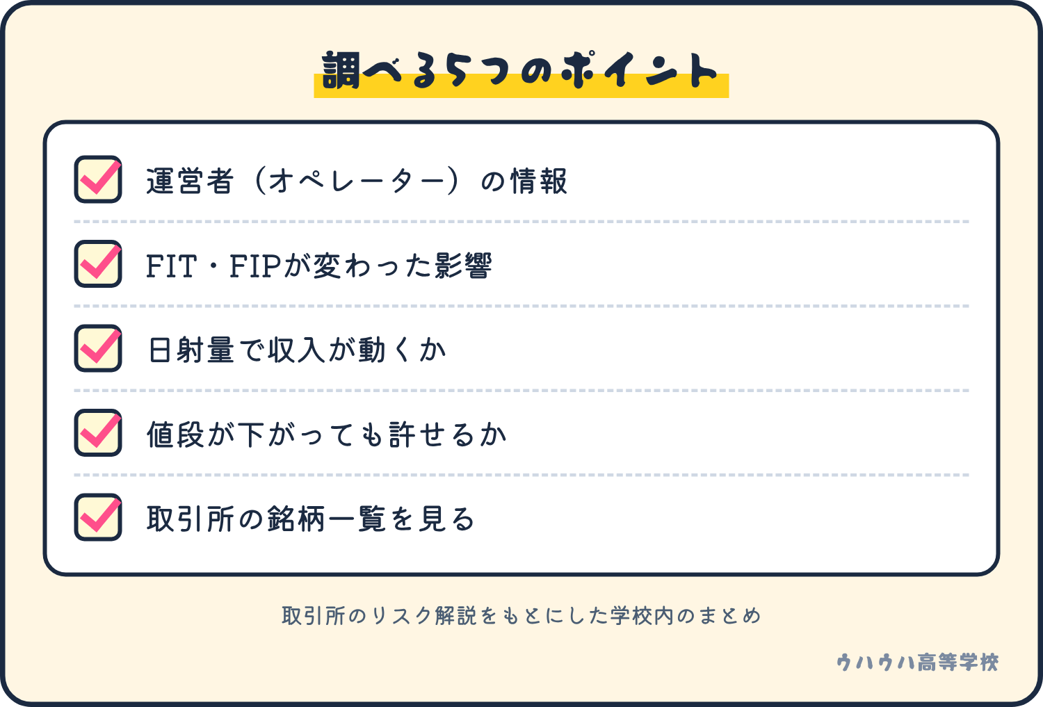 インフラファンドを調べるときの5つのポイント。運営者、制度変更、日射量、値下がりへの許容度、銘柄一覧。