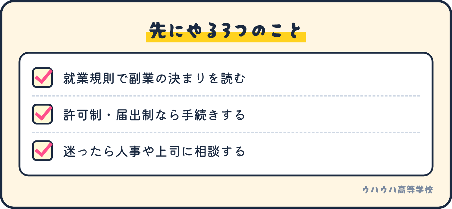先にやること。就業規則で副業の決まりを読む、許可制や届出制なら手続きする、迷ったら人事や上司に相談する。